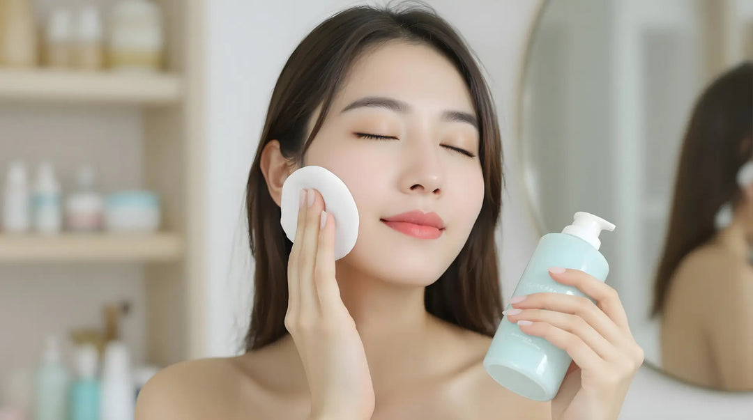 Asian Woman Using a Cotton Pad to Apply Korean Toner on Her Face