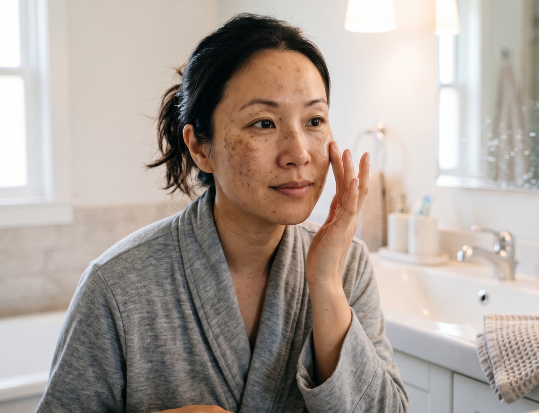 An Asian woman in a grey bathrobe stands in front of a bathroom mirror, gently applying cream or serum to her cheek. Visible hyperpigmentation and dark spots are present on her face. Various skincare bottles and a towel sit on the counter in front of her.