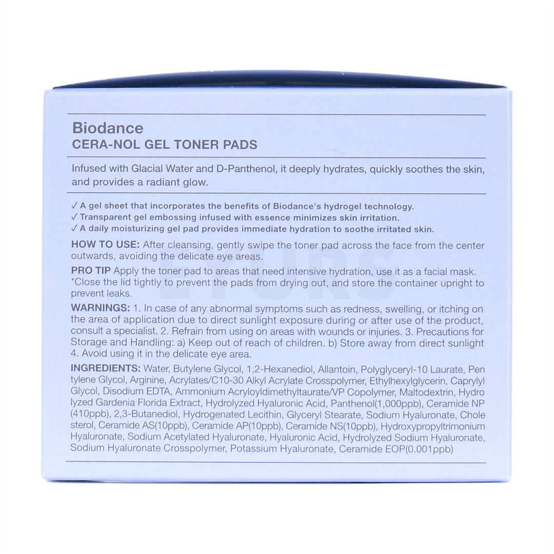biodance cera nol gel toner pads left side packaging box