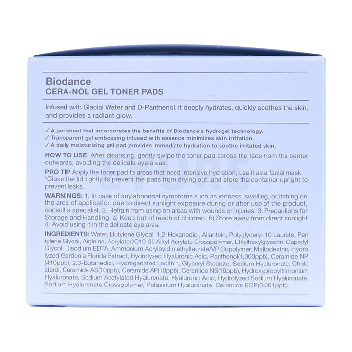 biodance cera nol gel toner pads left side packaging box