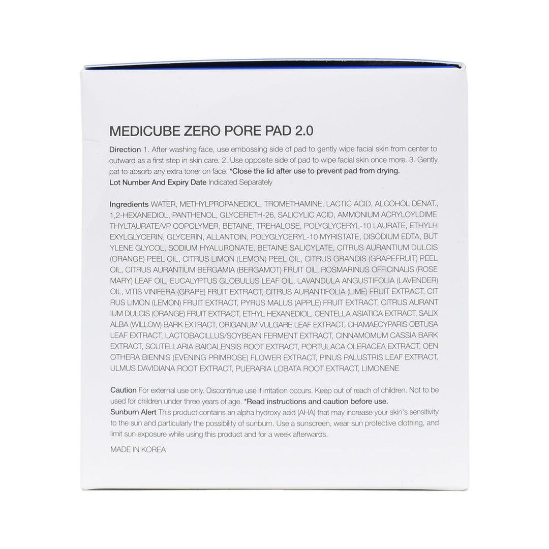 medicube zero pore toner pad 2.0 left side packaging box
