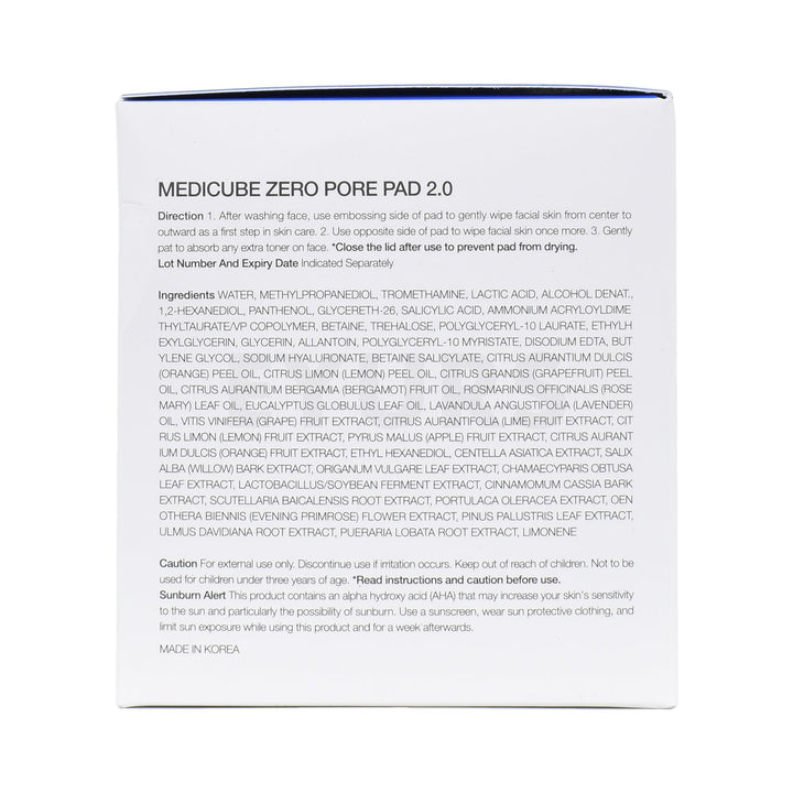 medicube zero pore toner pad 2.0 left side packaging box