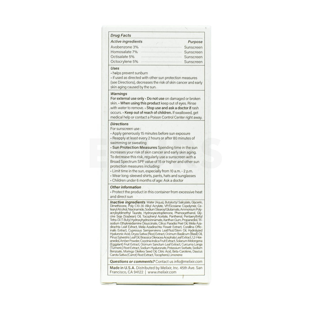 melixir airfit invisible sunscreen spf 50 back side packaging box