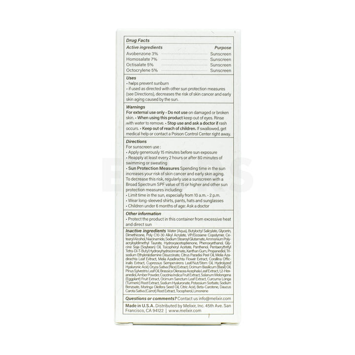 melixir airfit invisible sunscreen spf 50 back side packaging box