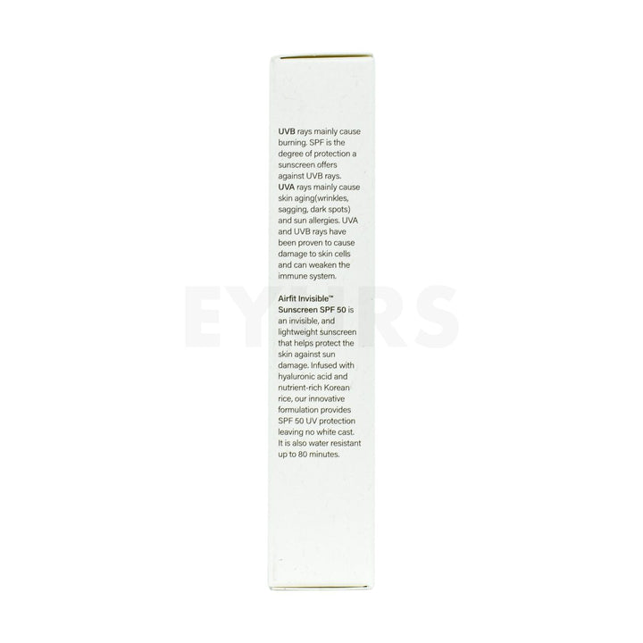 melixir airfit invisible sunscreen spf 50 right side packaging box