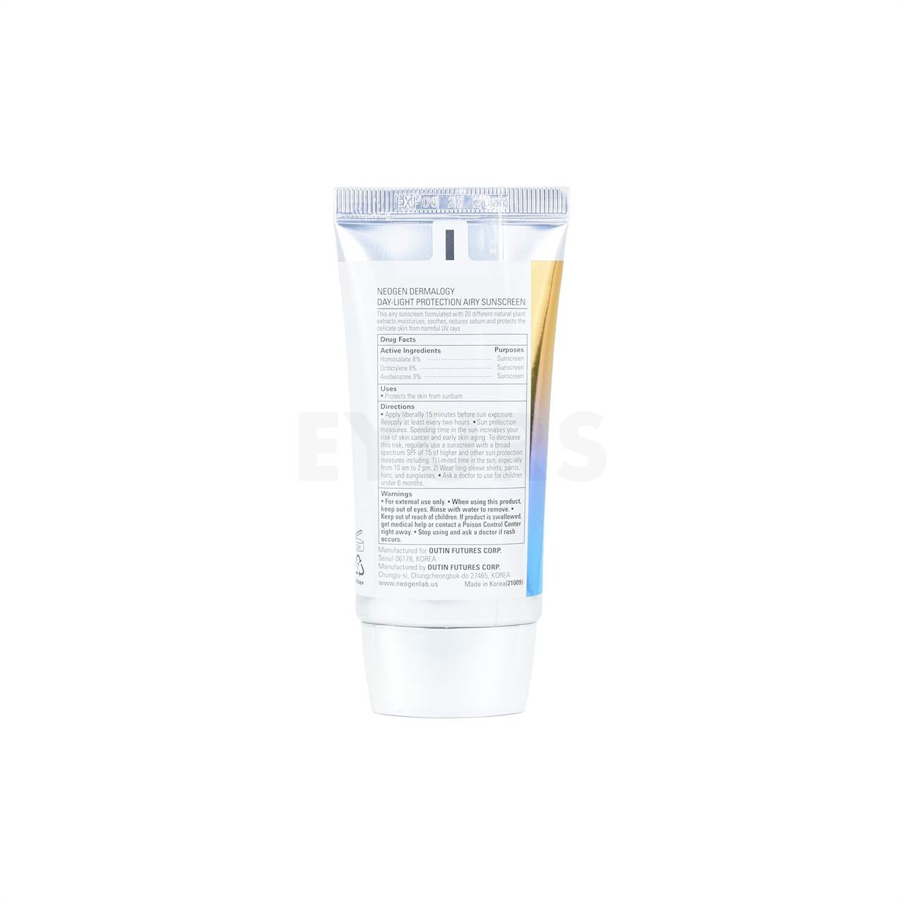 neogen dermalogy day light protection airy sunscreen back of product