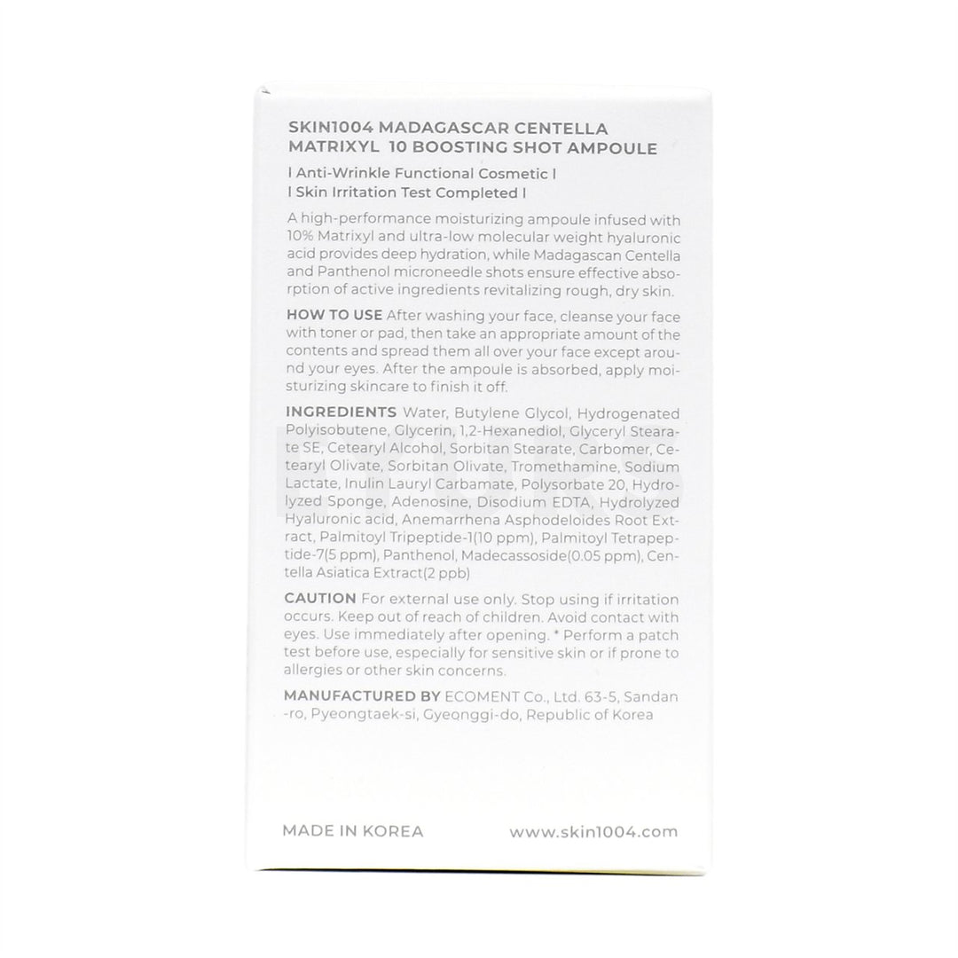 skin1004 madagascar centella matrixyl 10 boosting shot ampoule back side packaging box