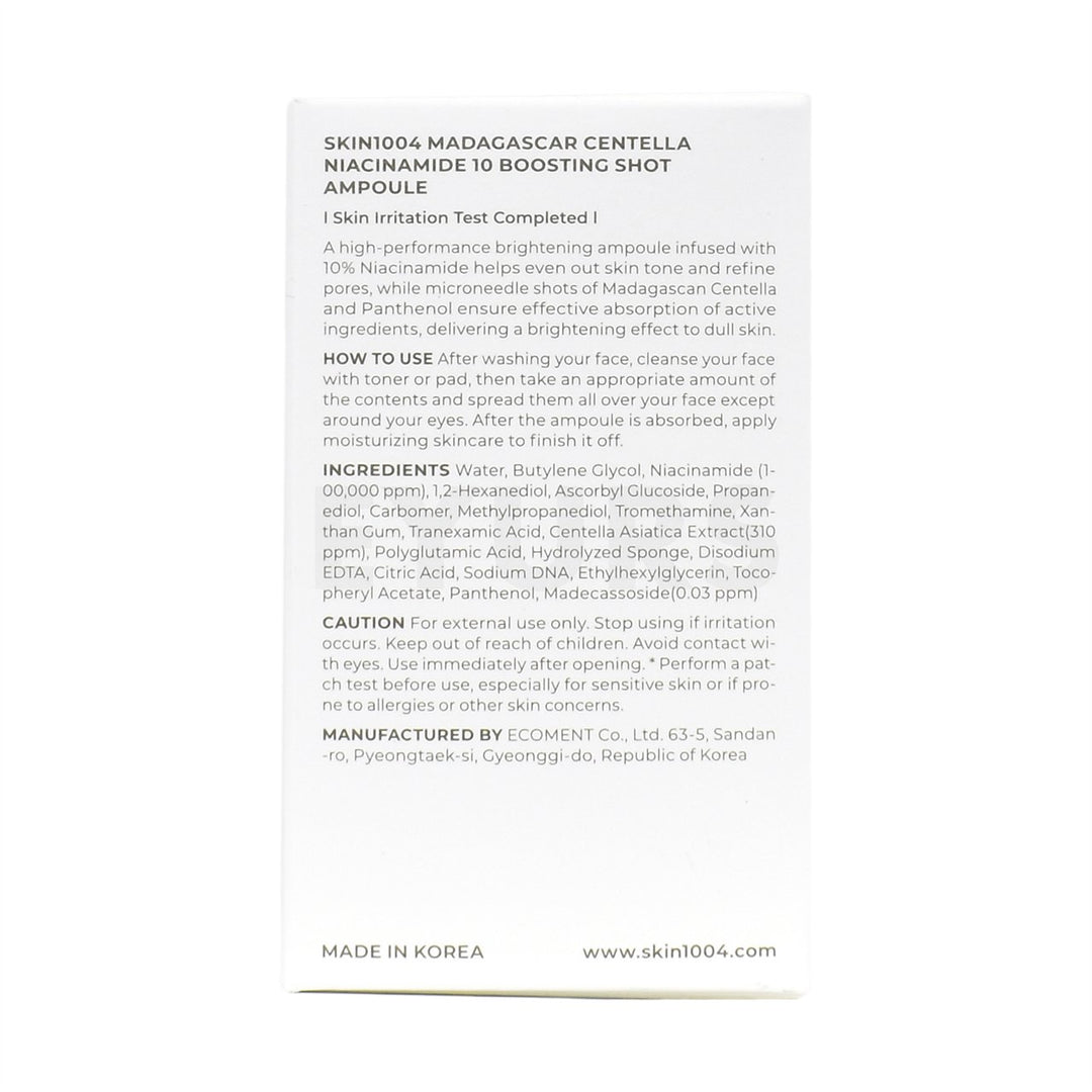 skin1004 madagascar centella niacinamide 10 boosting shot ampoule back side packaging box