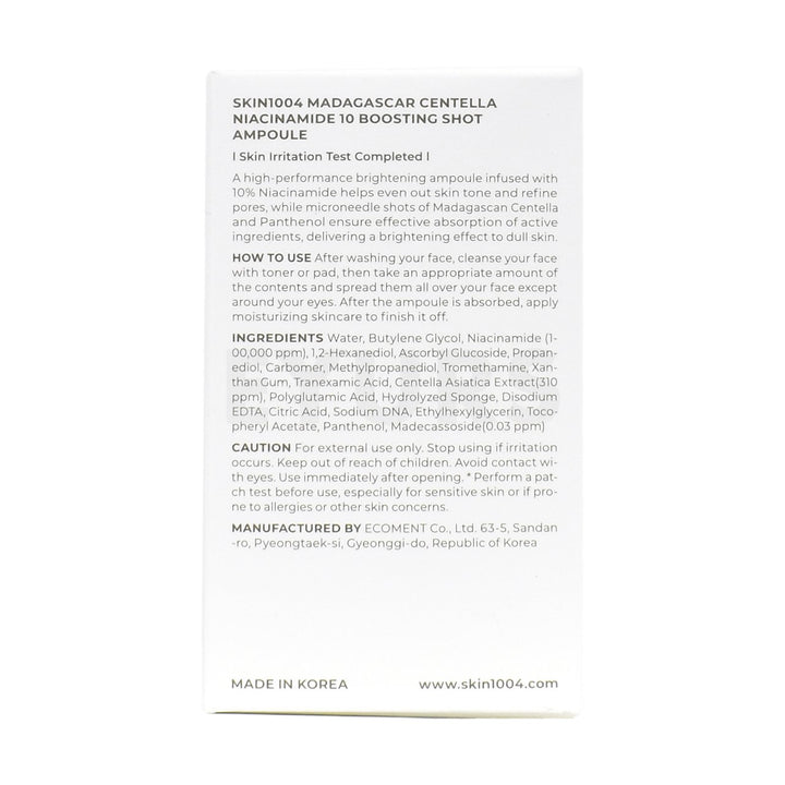 skin1004 madagascar centella niacinamide 10 boosting shot ampoule back side packaging box