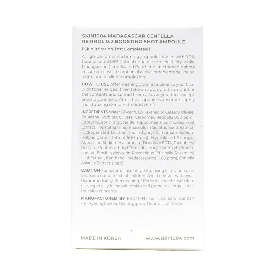 skin1004 madagascar centella retinol 0 2 boosting shot ampoule back side packaging box