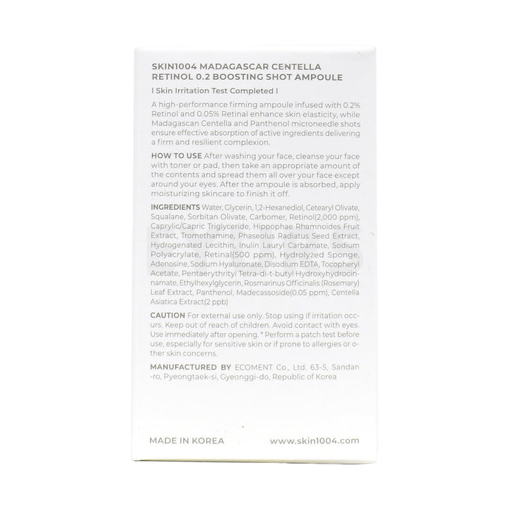 skin1004 madagascar centella retinol 0 2 boosting shot ampoule back side packaging box